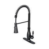 Black kitchen faucet with a flexible hose on a white background