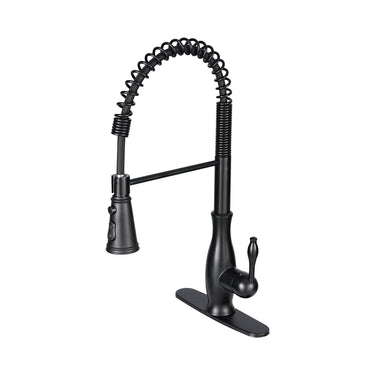 Black kitchen faucet with a flexible hose on a white background