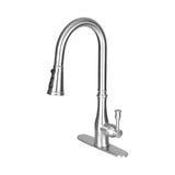 Stainless steel kitchen faucet on a white background