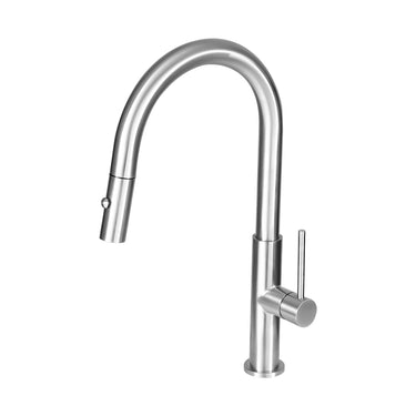 Stainless steel kitchen faucet on a white background