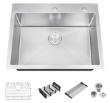 Stainless steel kitchen sink with additional components on a white background