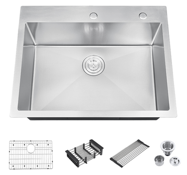 Stainless steel kitchen sink with additional components on a white background