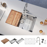 Kitchen sink with wooden cutting board and accessories on a white countertop