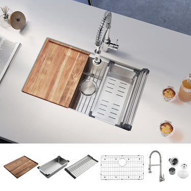 Kitchen sink with wooden cutting board and accessories on a white countertop