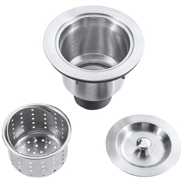 Stainless steel sink components on a white background