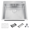 Stainless steel kitchen sink with accessories on a white background
