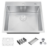 Stainless steel kitchen sink with accessories on a white background