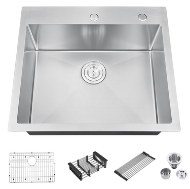 Stainless steel kitchen sink with accessories on a white background