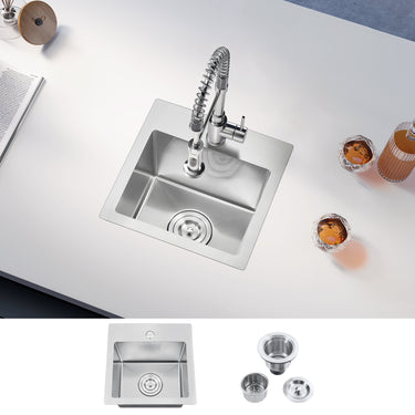 Stainless steel kitchen sink with faucet on a white countertop, accompanied by smaller images of the sink components.
