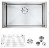 Stainless steel kitchen sink set with components on a white backgroun