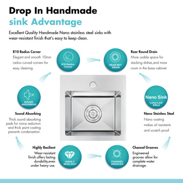 Infographic detailing the features of a handmade sink with text and icons.