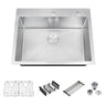 Stainless steel kitchen sink with accessories on a white background