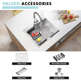 Kitchen sink with accessories including a bottom grid, retractable colander, roll-up rack, and basket strainer.