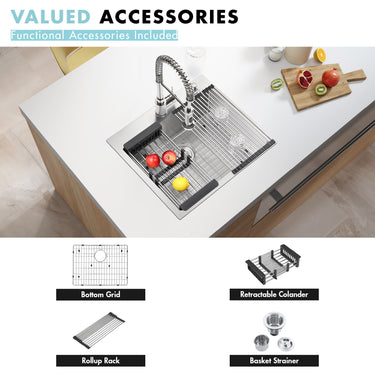 Kitchen sink with accessories including a bottom grid, retractable colander, roll-up rack, and basket strainer.