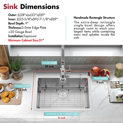 Stainless steel kitchen sink with dimensions and features displayed
