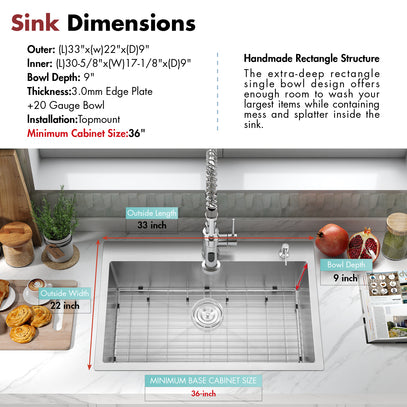 Stainless steel kitchen sink with dimensions and features displayed