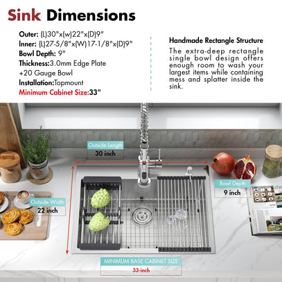 Kitchen sink with dimensions labeled and a list of features.