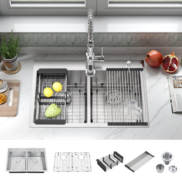 Stainless steel kitchen sink with accessories on a countertop