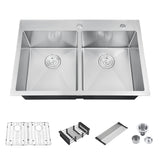 Stainless steel kitchen sink with accessories on a white background