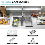 Kitchen sink with included accessories on a white countertop