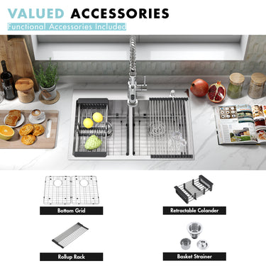 Kitchen sink with included accessories on a white countertop