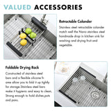 Stainless steel retractable colander and foldable drying rack with text on kitchen accessories.