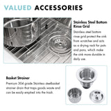 Stainless steel kitchen sink accessories including a bottom rinse grid and basket strainer.
