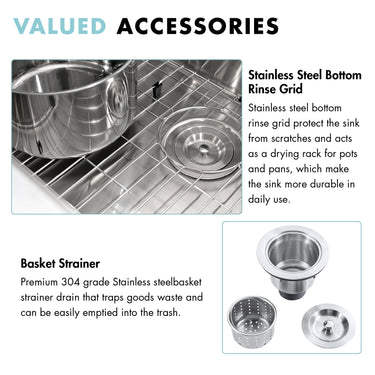 Stainless steel kitchen sink accessories including a bottom rinse grid and basket strainer.