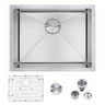 Stainless steel kitchen sink with accessories on a white background