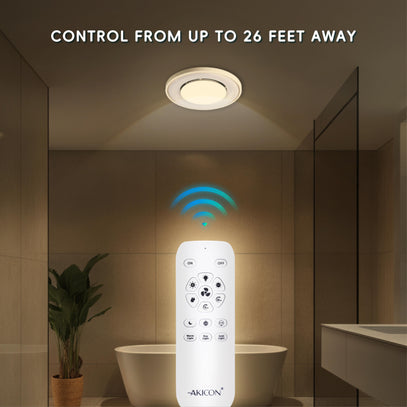 Bathroom setting with a ceiling light and remote control, highlighting remote control range.
