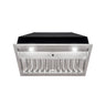 Stainless steel range hood with black top on a white background