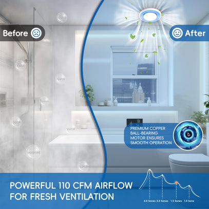 Bathroom with a before and after comparison of air purification, featuring text about powerful airflow.