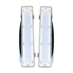 Pair of white shin guards with black accents on a white background