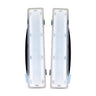 Pair of white shin guards with black accents on a white background