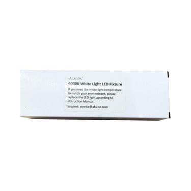 Akicon LED fixture packaging with text on a white background