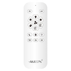 White remote control with various buttons and 'Akicon' branding on a white background