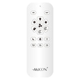 White remote control with various buttons and 'Akicon' branding on a white background