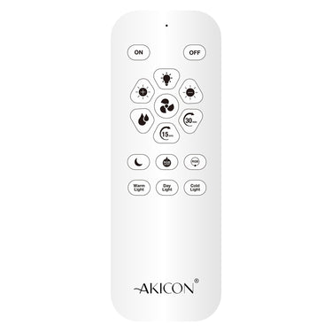 White remote control with various buttons and 'Akicon' branding on a white background