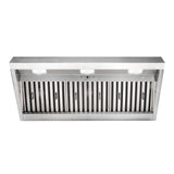 Stainless steel range hood on a white background