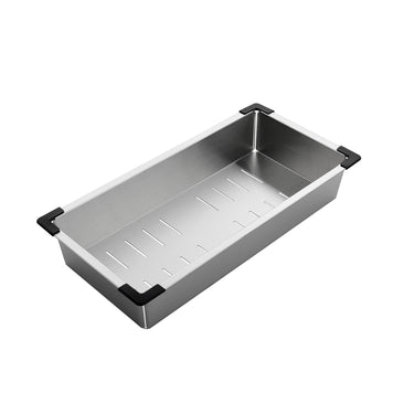 Stainless steel tray with black corners on a white background