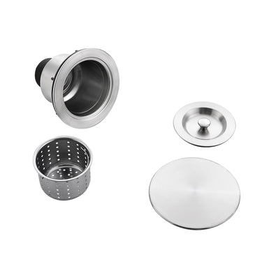 Set of stainless steel sink components on a white background